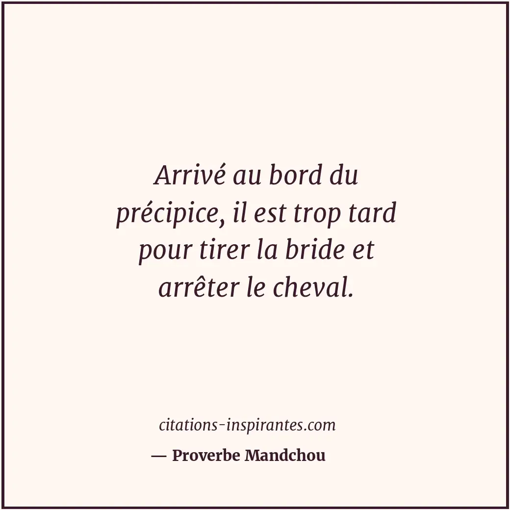 Arrivé au bord du précipice, il est trop tard pour tirer la bride et arrêter le... Citation de Proverbe Mandchou