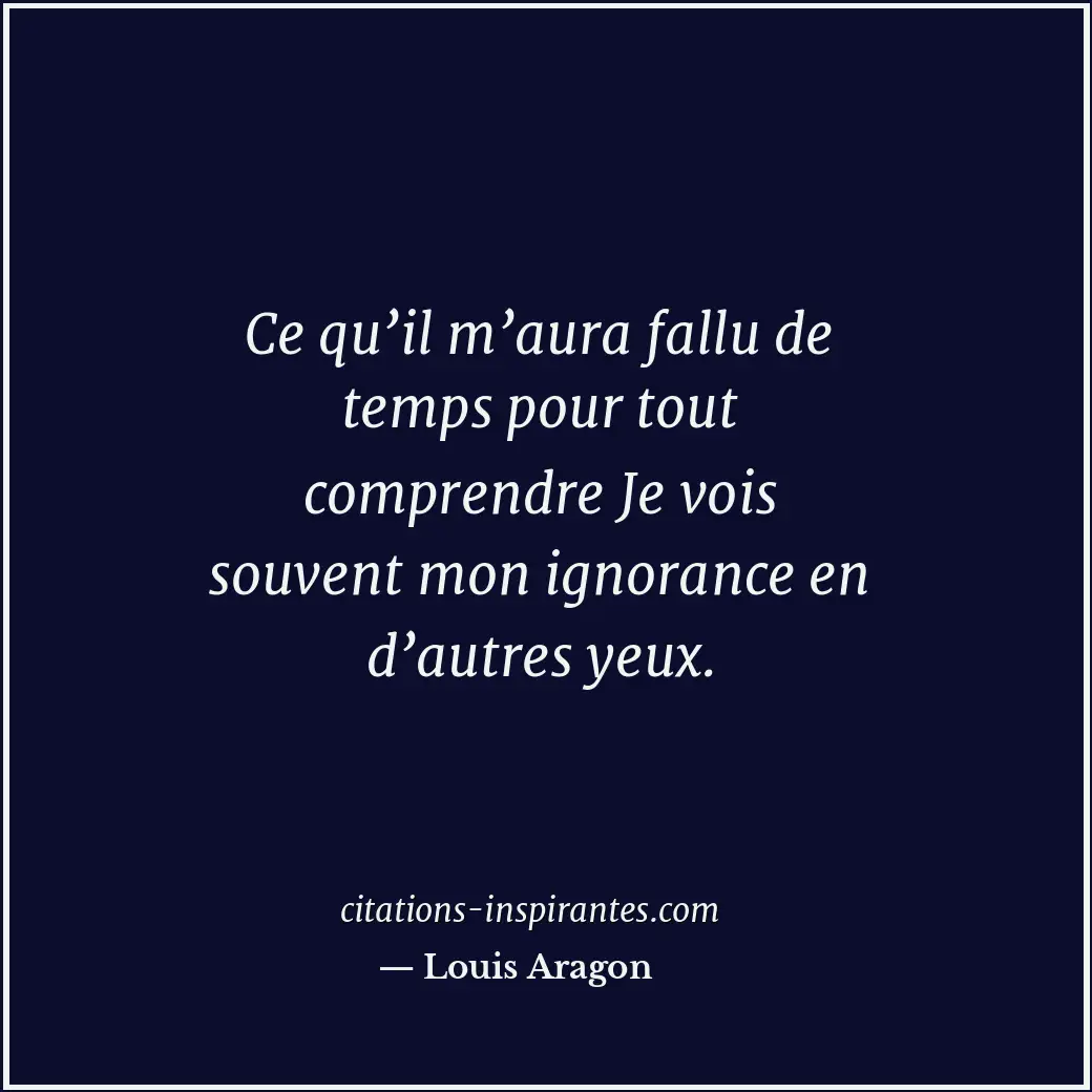 Ce qu’il m’aura fallu de temps pour tout comprendre Je vois souvent mon ignoranc... Citation de Louis Aragon