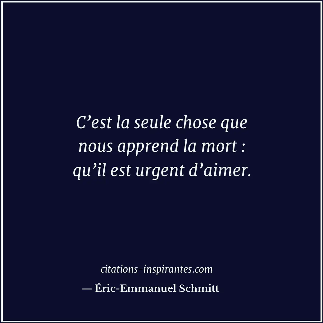 C’est la seule chose que nous apprend la mort : qu’il est urgent d’aimer. Citation de Éric-Emmanuel Schmitt