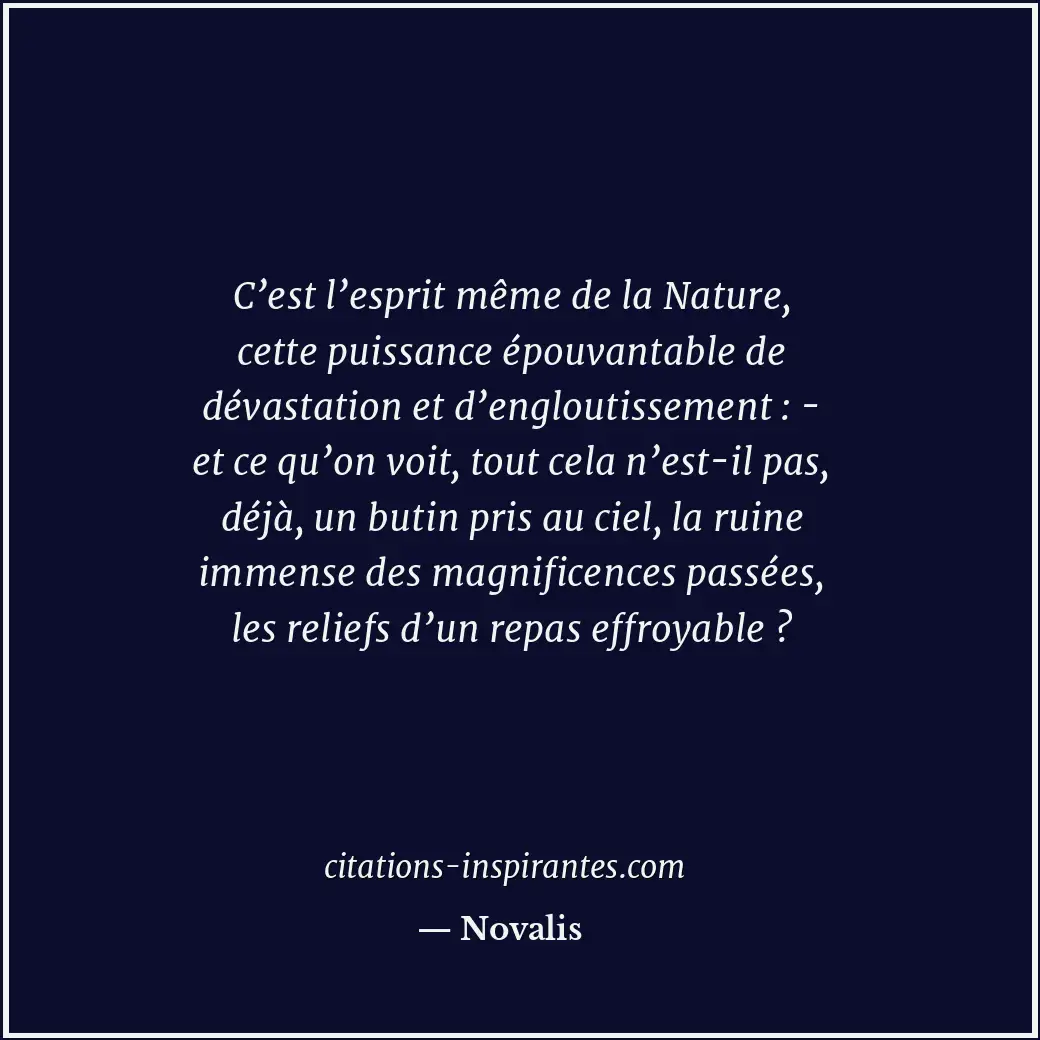 C’est l’esprit même de la Nature, cette puissance épouvantable de dévastation et... Citation de Novalis