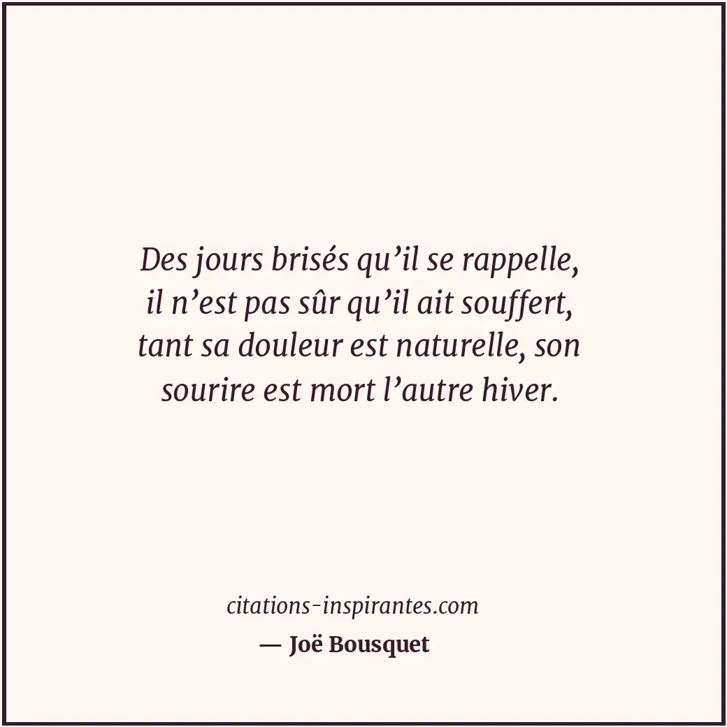 Des jours brisés qu’il se rappelle, il n’est pas sûr qu’il ait souffert, tant sa... Citation de Joë Bousquet