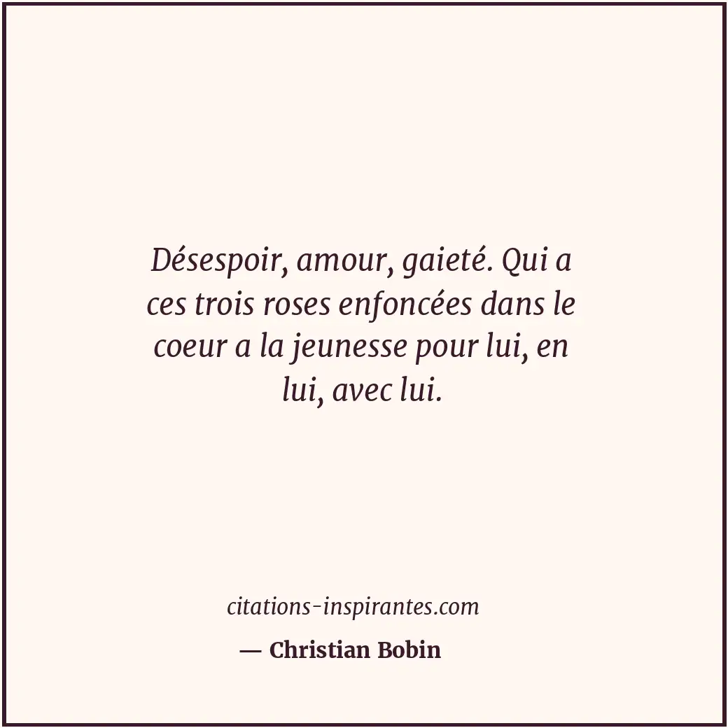 Désespoir, amour, gaieté. Qui a ces trois roses enfoncées dans le coeur a la jeu... Citation de Christian Bobin