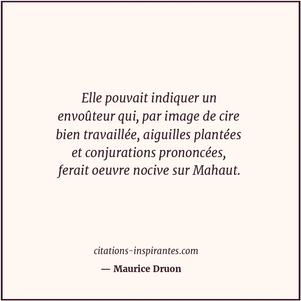 Elle pouvait indiquer un envoûteur qui, par image de cire bien travaillée, aigui... Citation de Maurice Druon