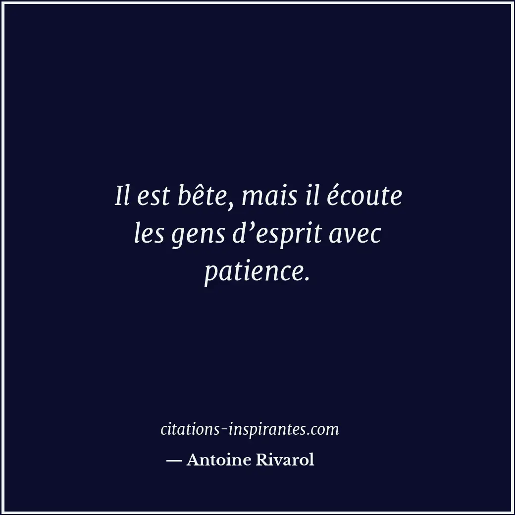 Il est bête, mais il écoute les gens d’esprit avec patience. Citation de Antoine Rivarol