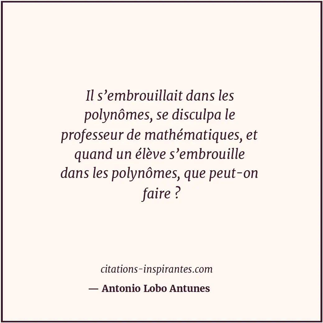 Il s’embrouillait dans les polynômes, se disculpa le professeur de mathématiques... Citation de Antonio Lobo Antunes