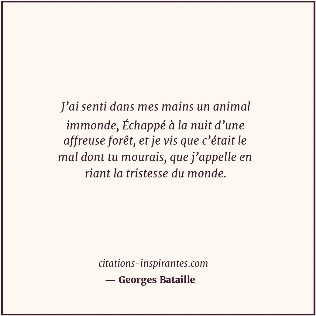 J’ai senti dans mes mains un animal immonde, Échappé à la nuit d’une affreuse fo... Citation de Georges Bataille