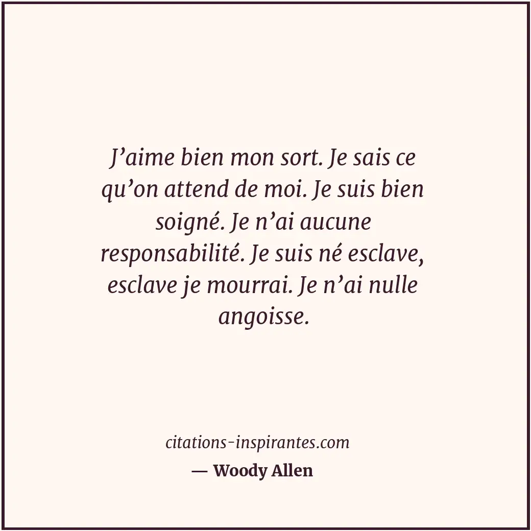 J’aime bien mon sort. Je sais ce qu’on attend de moi. Je suis bien soigné. Je n’... Citation de Woody Allen