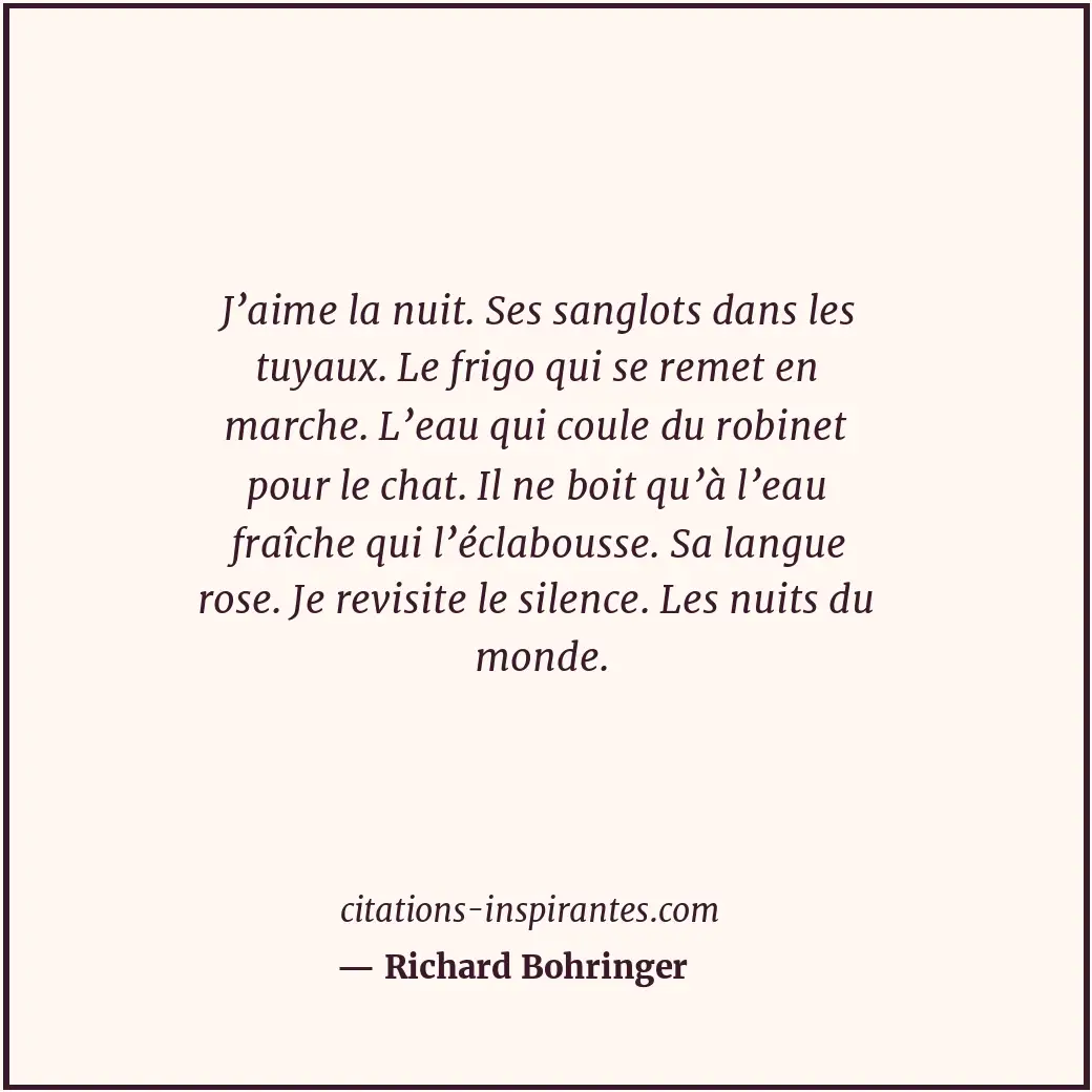 J’aime la nuit. Ses sanglots dans les tuyaux. Le frigo qui se remet en marche. L... Citation de Richard Bohringer
