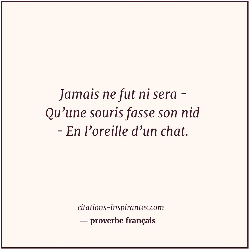 Jamais ne fut ni sera - Qu’une souris fasse son nid - En l’oreille d’un chat. Citation de proverbe français