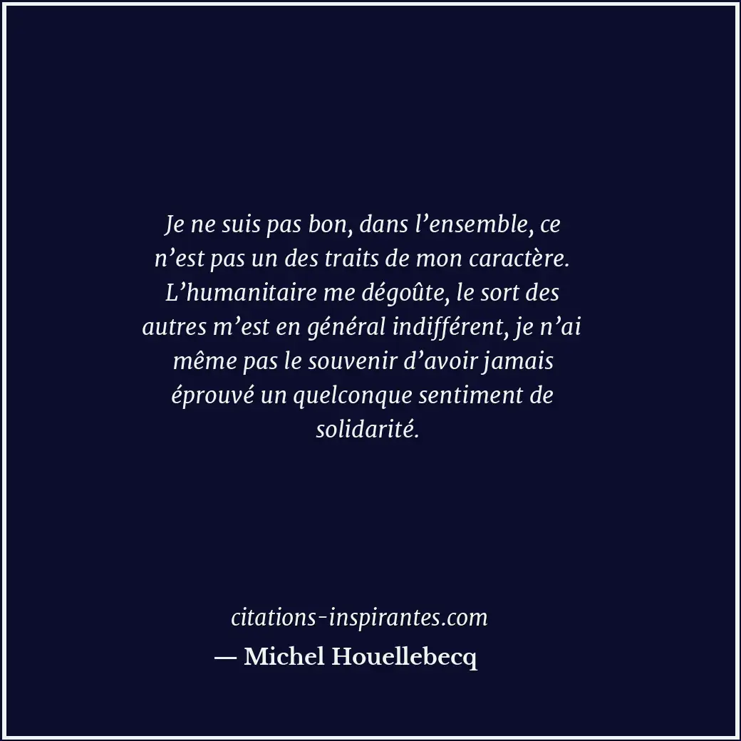 Je ne suis pas bon, dans l’ensemble, ce n’est pas un des traits de mon caractère... Citation de Michel Houellebecq