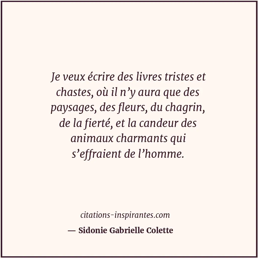 Je veux écrire des livres tristes et chastes, où il n’y aura que des paysages, d... Citation de Sidonie Gabrielle Colette