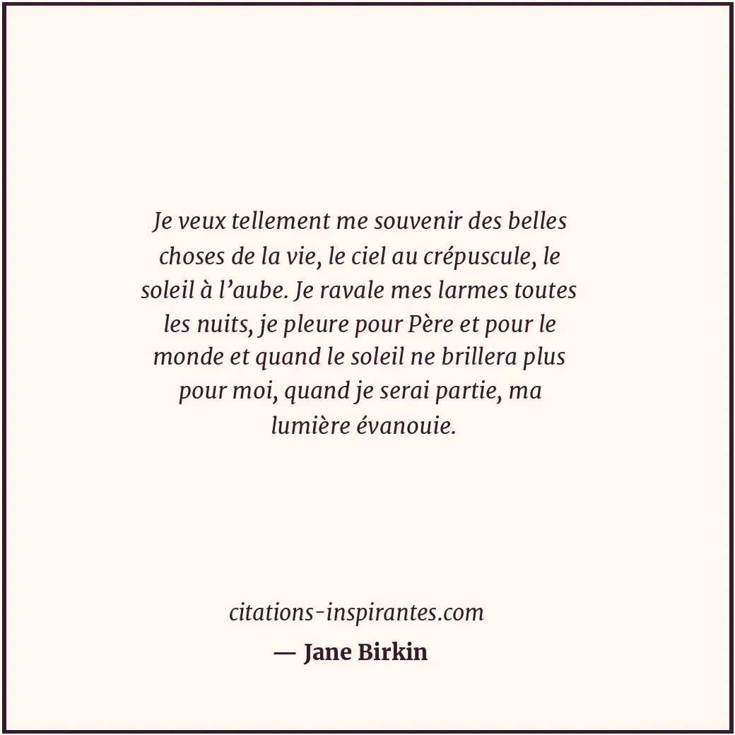 Je veux tellement me souvenir des belles choses de la vie, le ciel au crépuscule... Citation de Jane Birkin