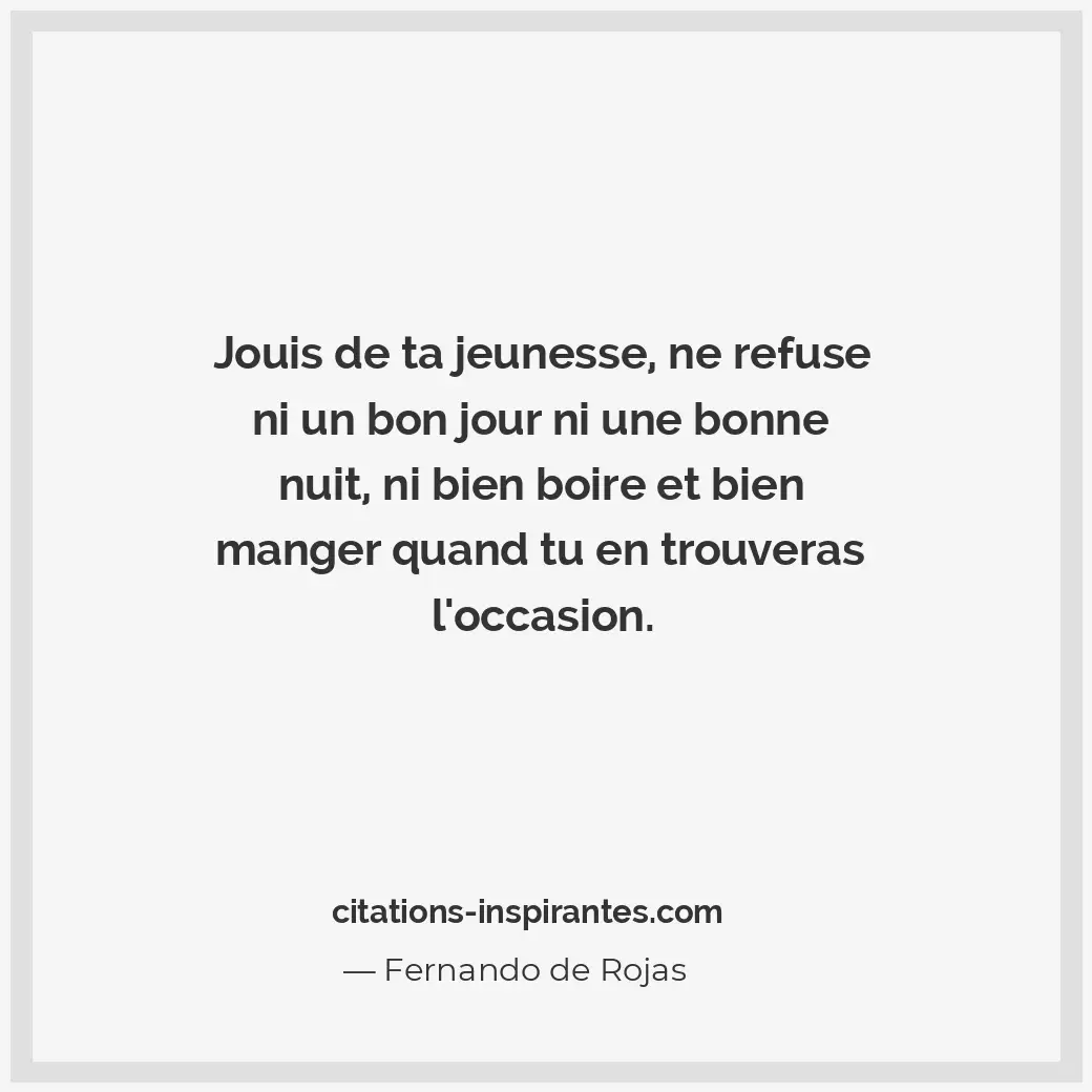 Jouis de ta jeunesse, ne refuse ni un bon jour ni une bonne nuit, ni bien boire... Citation de Fernando de Rojas