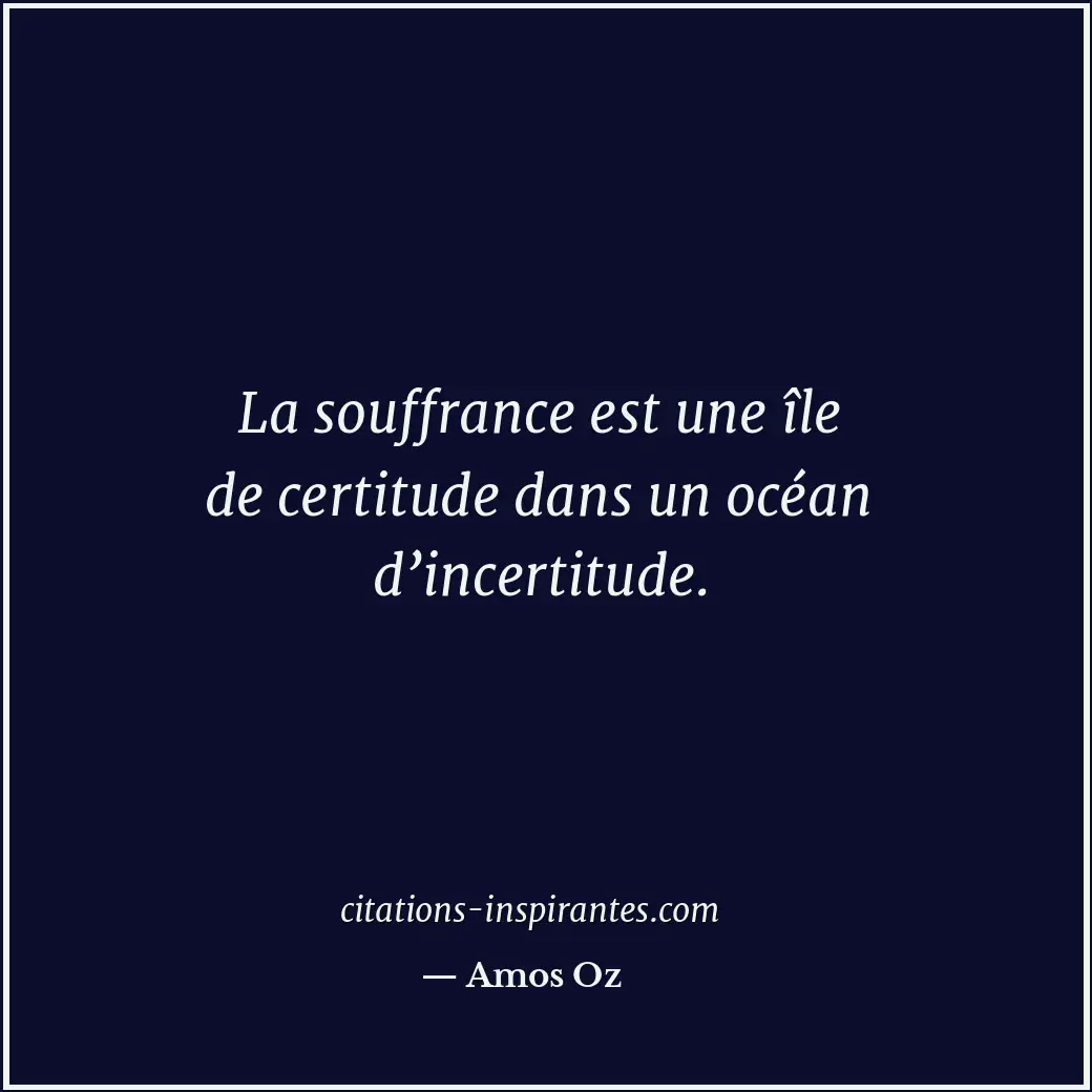 La souffrance est une île de certitude dans un océan d’incertitude. Citation de Amos Oz