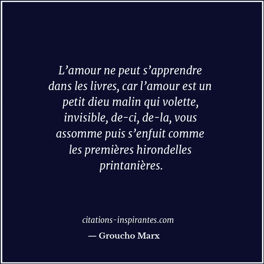 L’amour ne peut s’apprendre dans les livres, car l’amour est un petit dieu malin... Citation de Groucho Marx