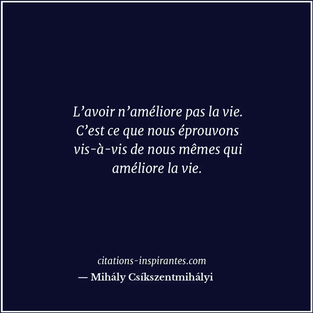 L’avoir n’améliore pas la vie. C’est ce que nous éprouvons vis-à-vis de nous mêm... Citation de Mihály Csíkszentmihályi