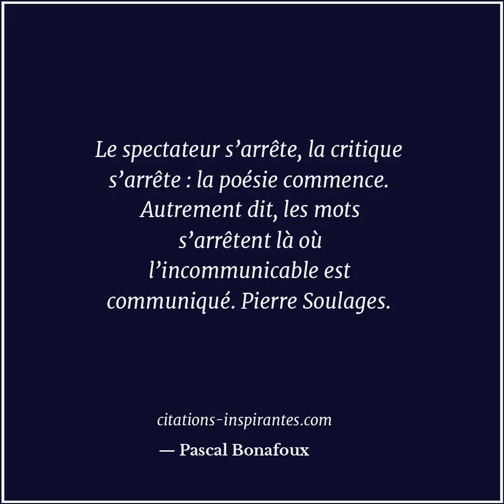 Le spectateur s’arrête, la critique s’arrête : la poésie commence. Autrement dit... Citation de Pascal Bonafoux