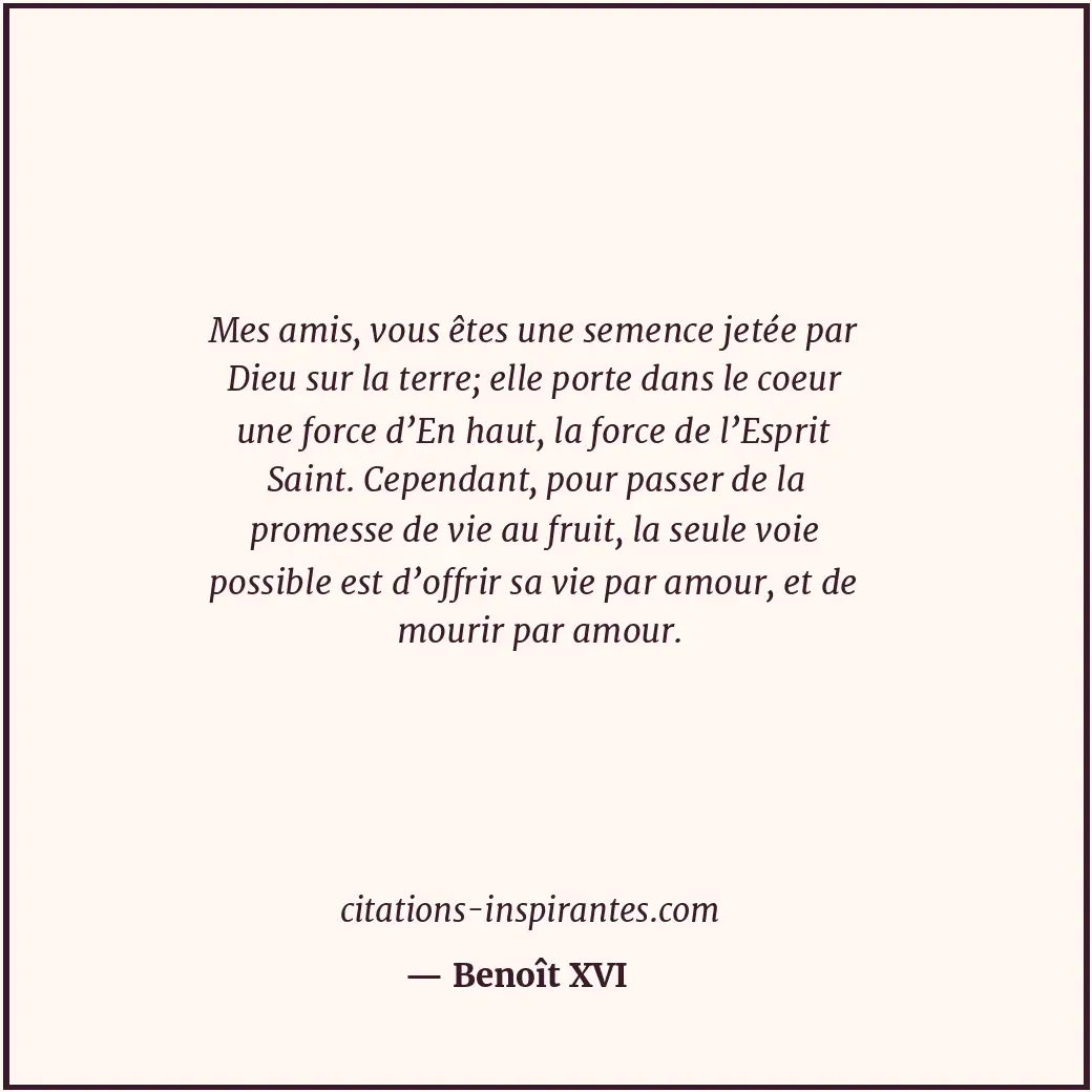 Mes amis, vous êtes une semence jetée par Dieu sur la terre; elle porte dans le... Citation de Benoît XVI
