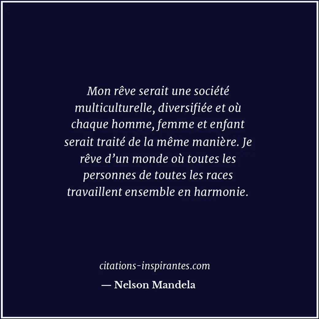 Mon rêve serait une société multiculturelle, diversifiée et où chaque homme, fem... Citation de Nelson Mandela