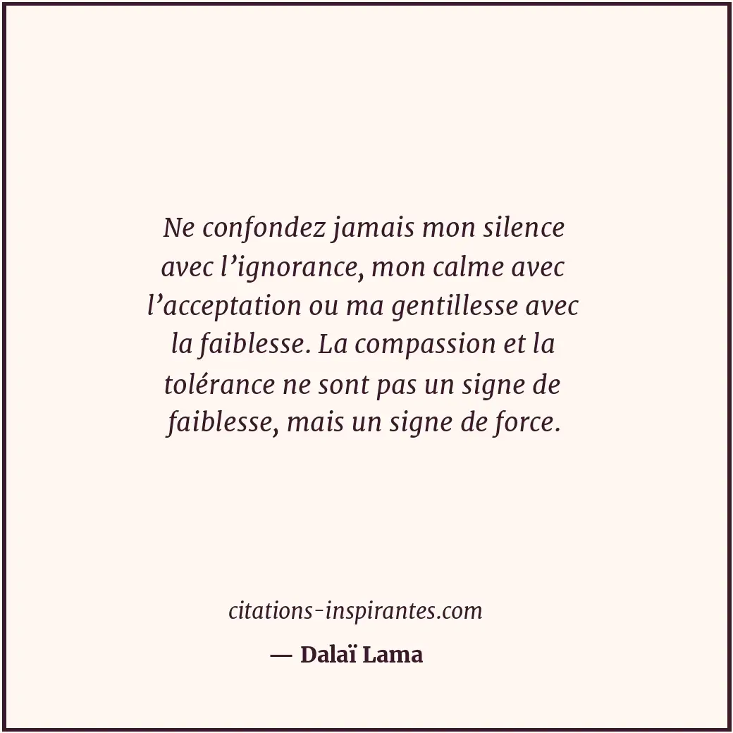Ne confondez jamais mon silence avec l’ignorance, mon calme avec l’acceptation o... Citation de Dalaï Lama