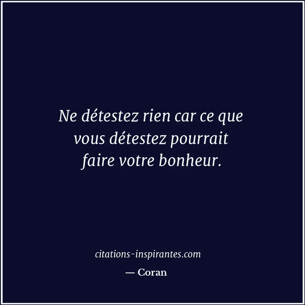 Ne détestez rien car ce que vous détestez pourrait faire votre bonheur. Citation de Coran