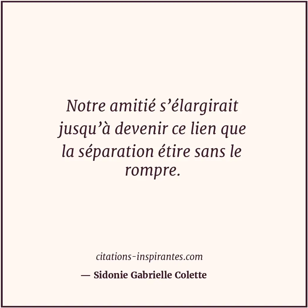 Notre amitié s’élargirait jusqu’à devenir ce lien que la séparation étire sans l... Citation de Sidonie Gabrielle Colette