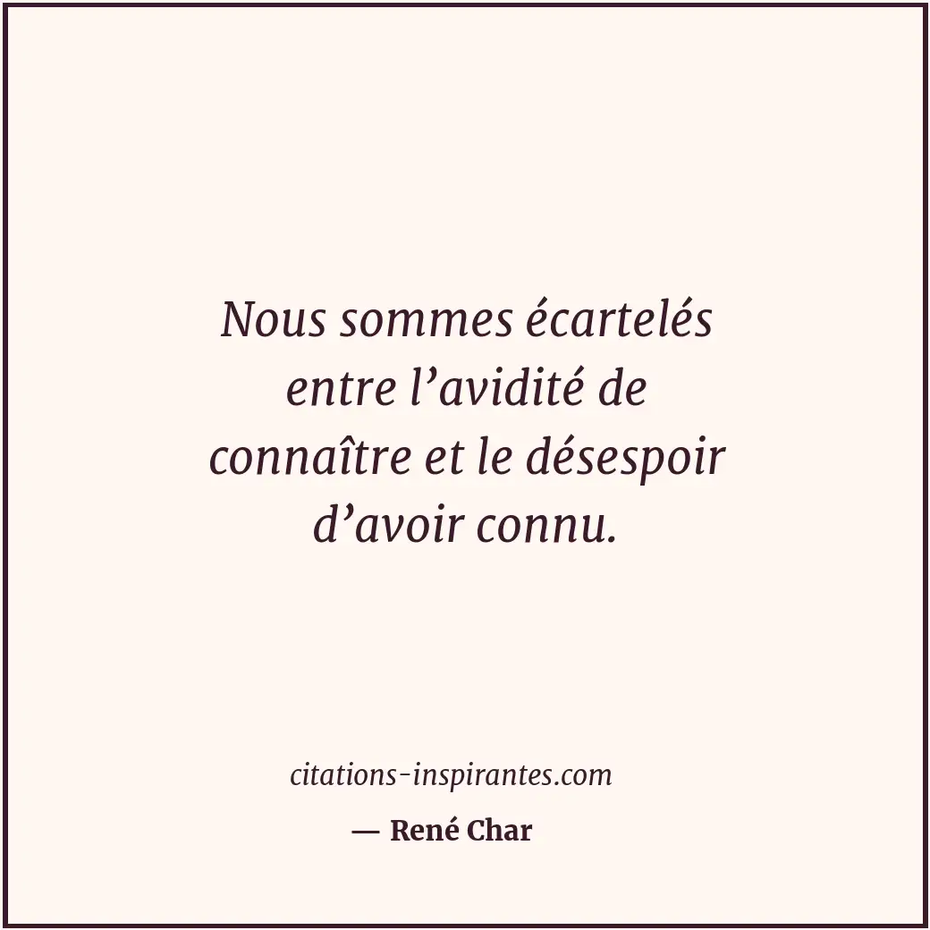 Nous sommes écartelés entre l’avidité de connaître et le désespoir d’avoir connu... Citation de René Char