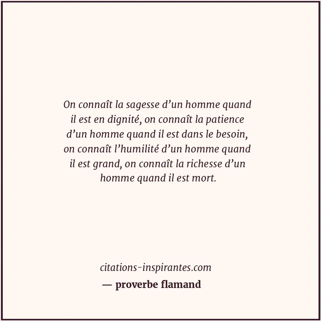 On connaît la sagesse d’un homme quand il est en dignité, on connaît la patience... Citation de proverbe flamand