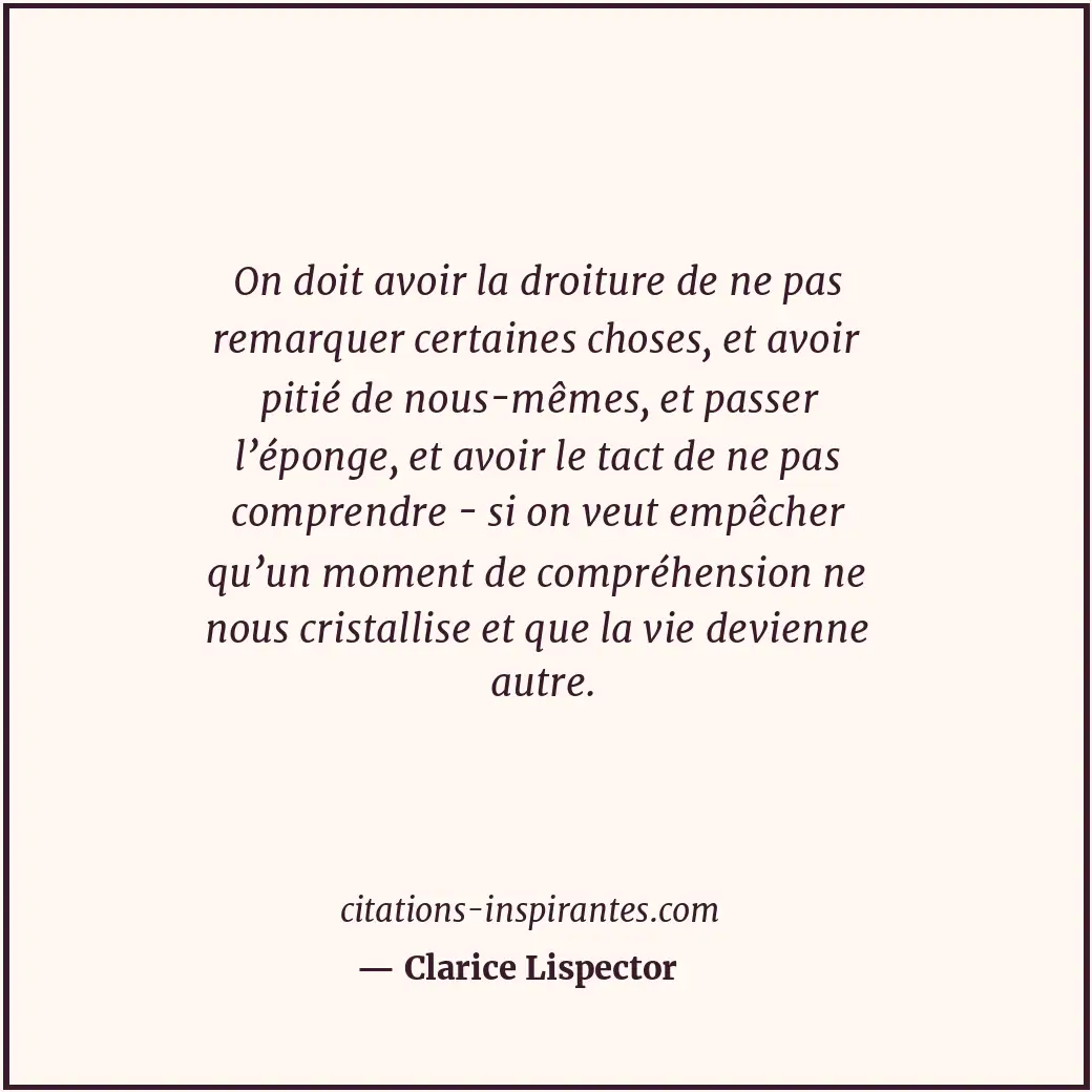 On doit avoir la droiture de ne pas remarquer certaines choses, et avoir pitié d... Citation de Clarice Lispector