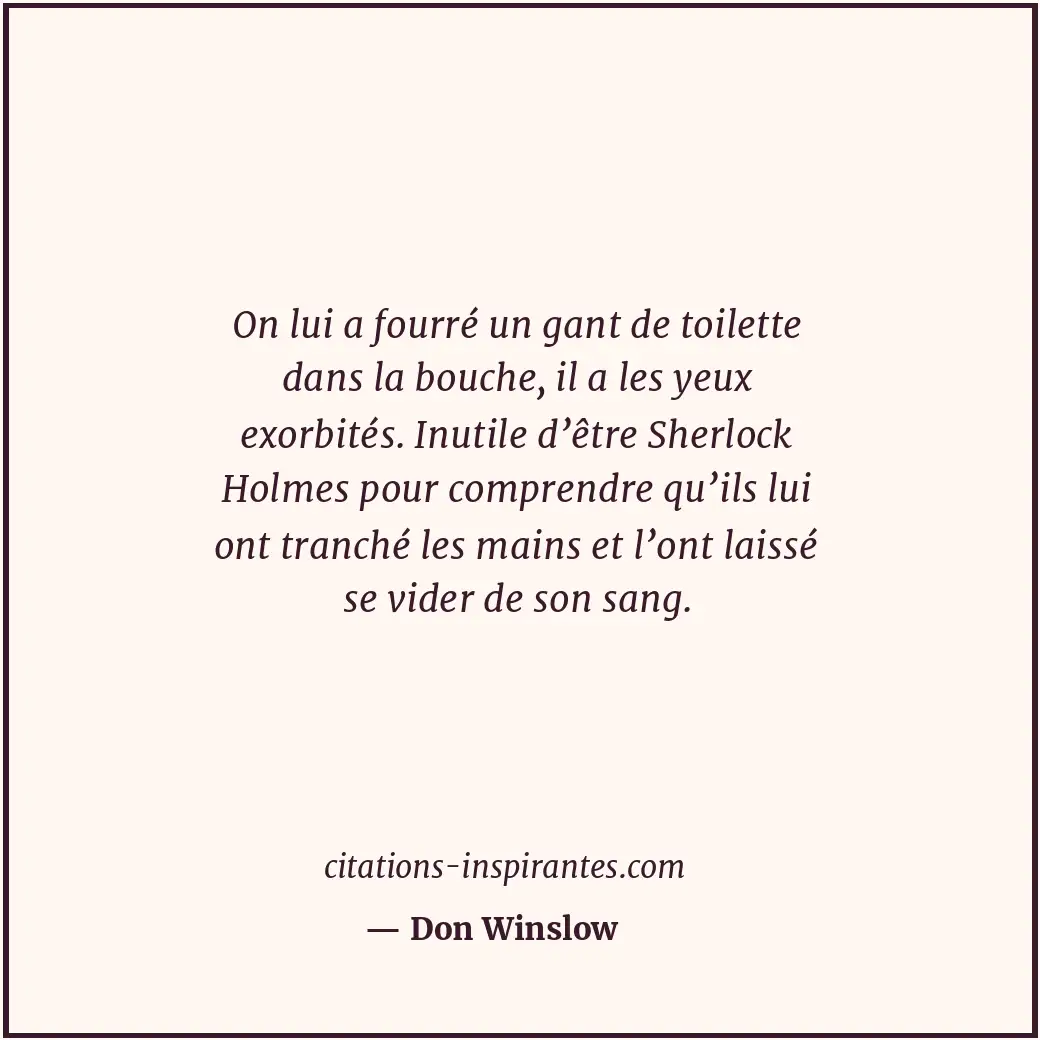 On lui a fourré un gant de toilette dans la bouche, il a les yeux exorbités. Inu... Citation de Don Winslow