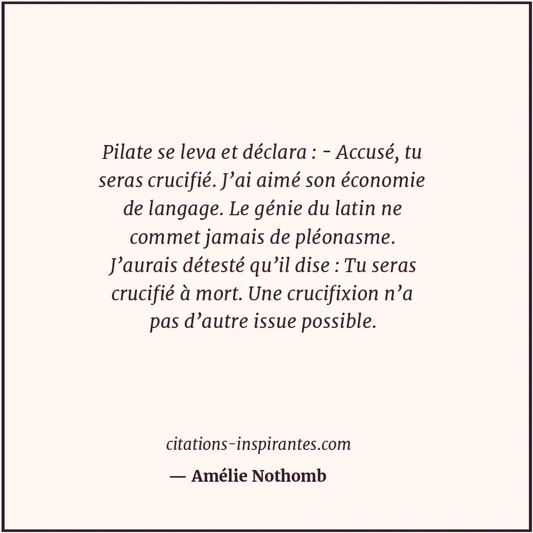 Pilate se leva et déclara : - Accusé, tu seras crucifié. J’ai aimé son économie... Citation de Amélie Nothomb