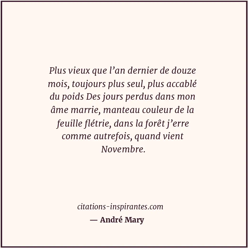 Plus vieux que l’an dernier de douze mois, toujours plus seul, plus accablé du p... Citation de André Mary