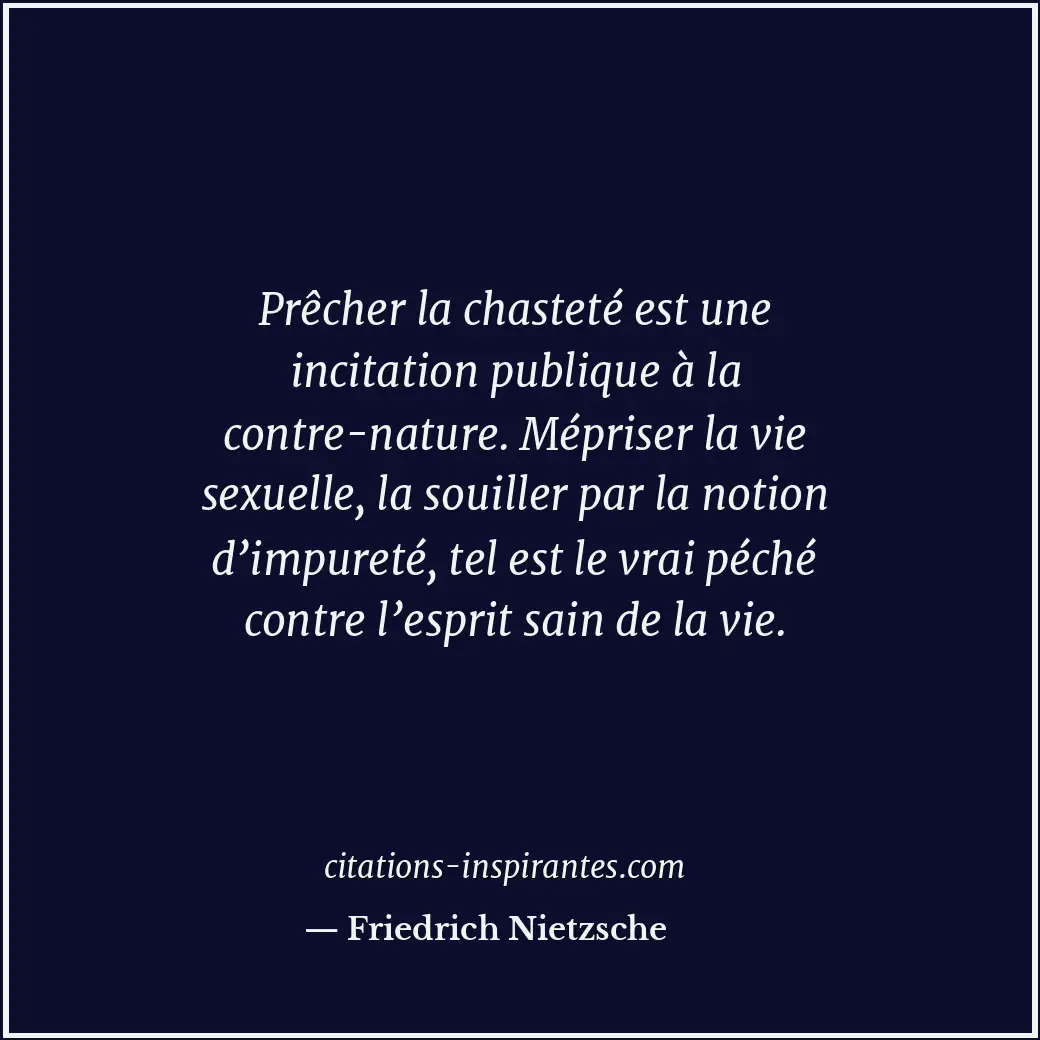 Prêcher la chasteté est une incitation publique à la contre-nature. Mépriser la... Citation de Friedrich Nietzsche