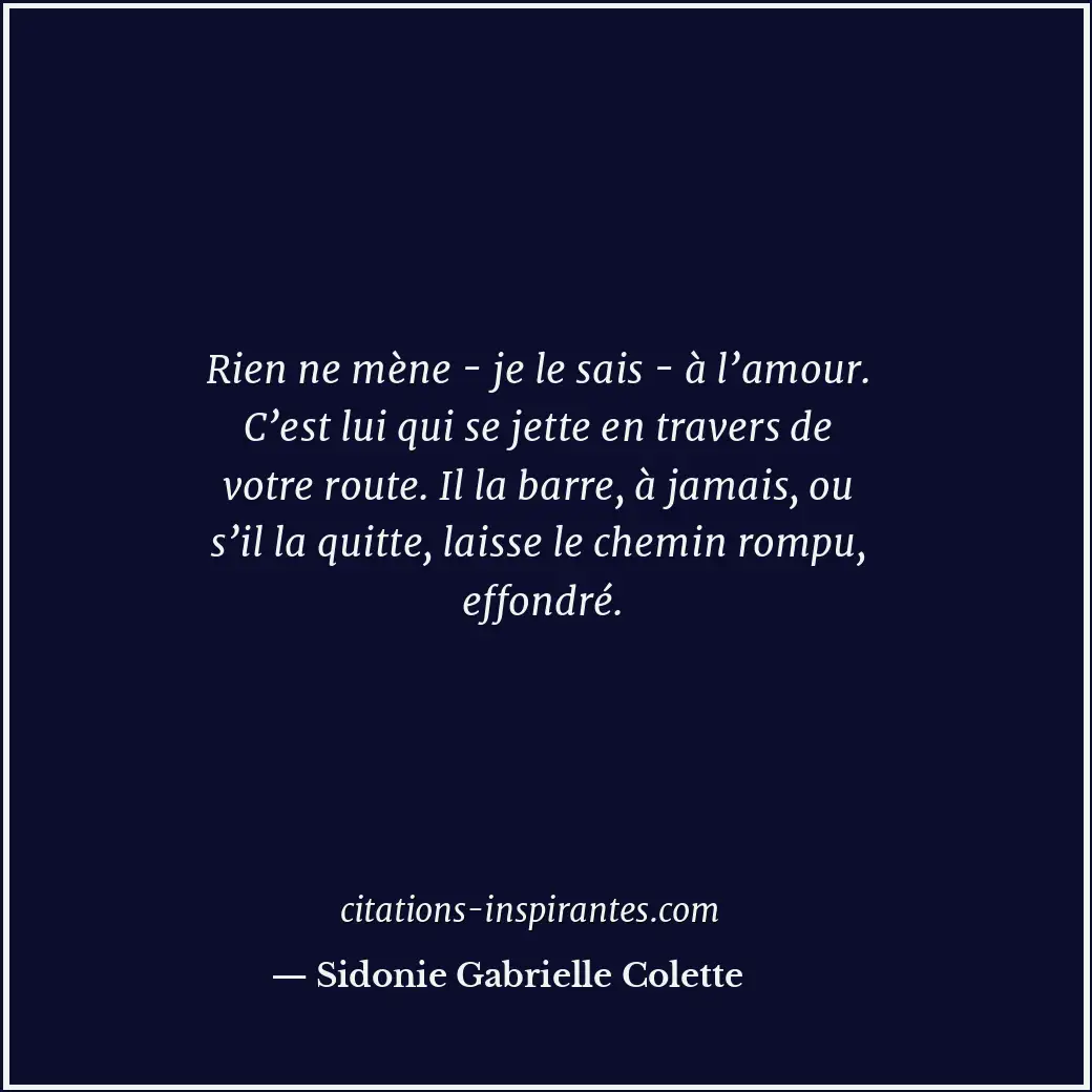 Rien ne mène - je le sais - à l’amour. C’est lui qui se jette en travers de votr... Citation de Sidonie Gabrielle Colette