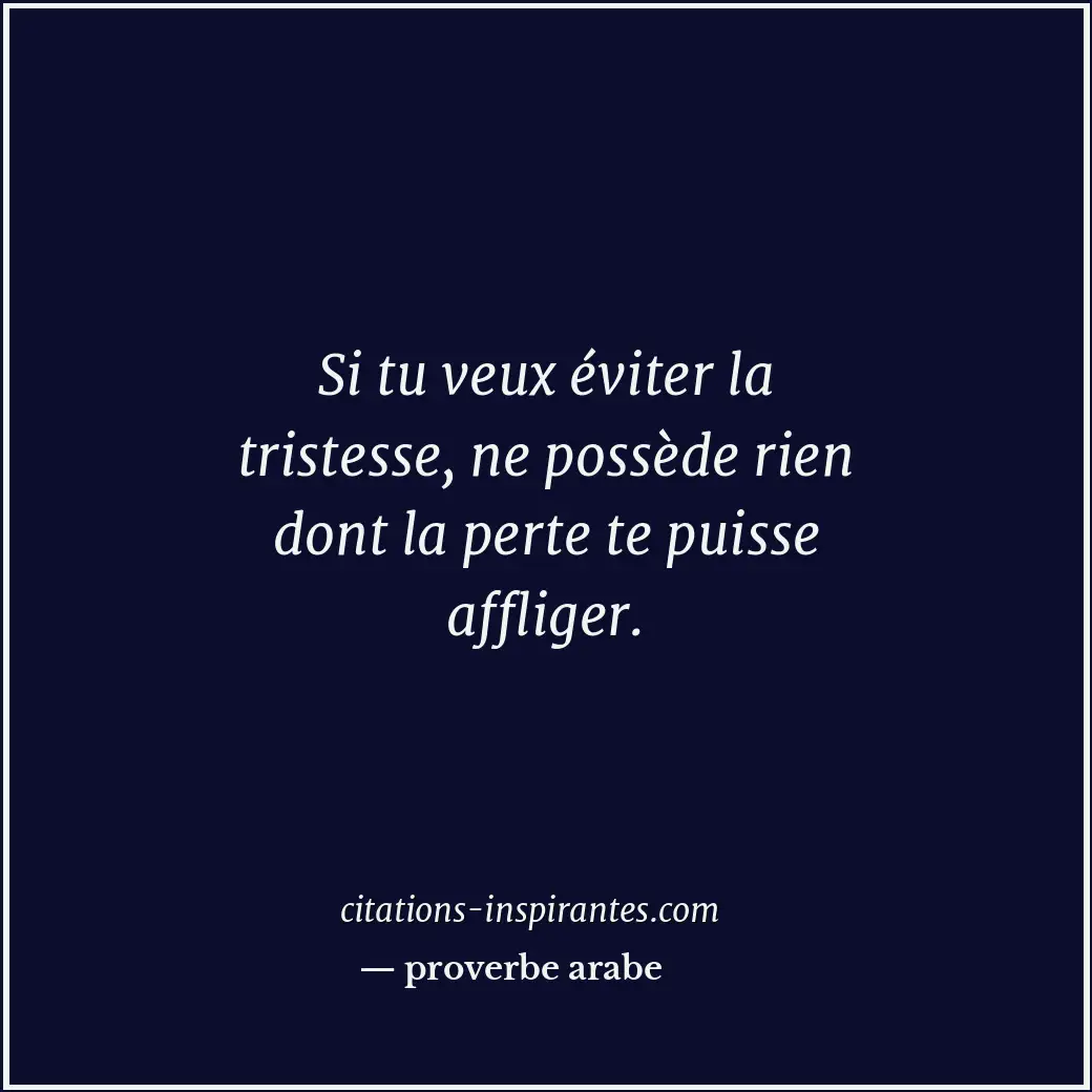 Si tu veux éviter la tristesse, ne possède rien dont la perte te puisse affliger... Citation de proverbe arabe