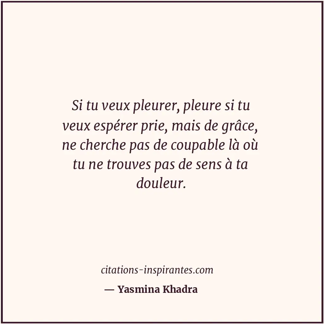 Si tu veux pleurer, pleure si tu veux espérer prie, mais de grâce, ne cherche pa... Citation de Yasmina Khadra