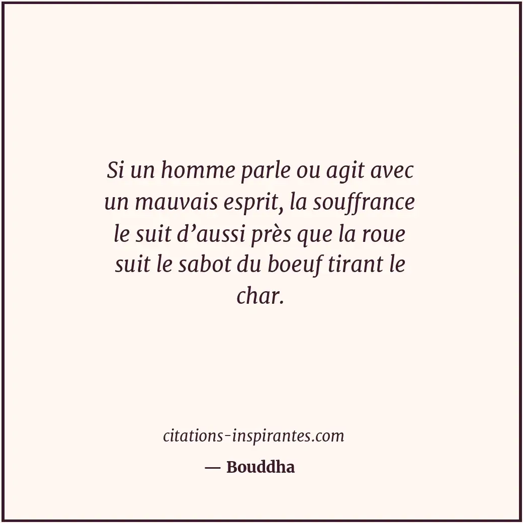 Si un homme parle ou agit avec un mauvais esprit, la souffrance le suit d’aussi... Citation de Bouddha