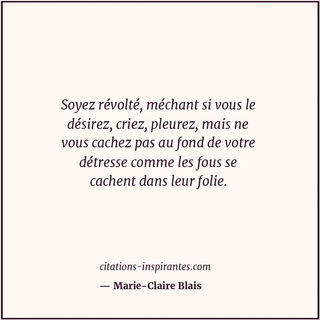 Soyez révolté, méchant si vous le désirez, criez, pleurez, mais ne vous cachez p... Citation de Marie-Claire Blais
