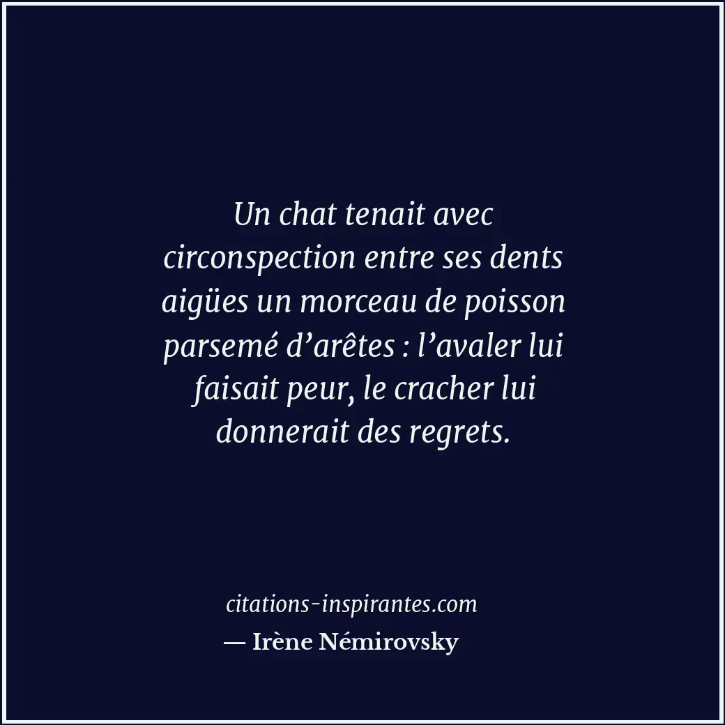 Un chat tenait avec circonspection entre ses dents aigües un morceau de poisson... Citation de Irène Némirovsky