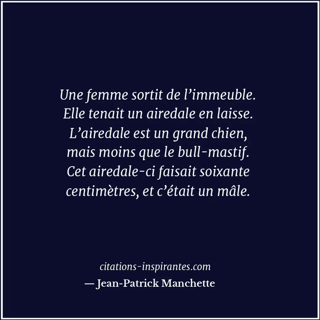 Une femme sortit de l’immeuble. Elle tenait un airedale en laisse. L’airedale es... Citation de Jean-Patrick Manchette