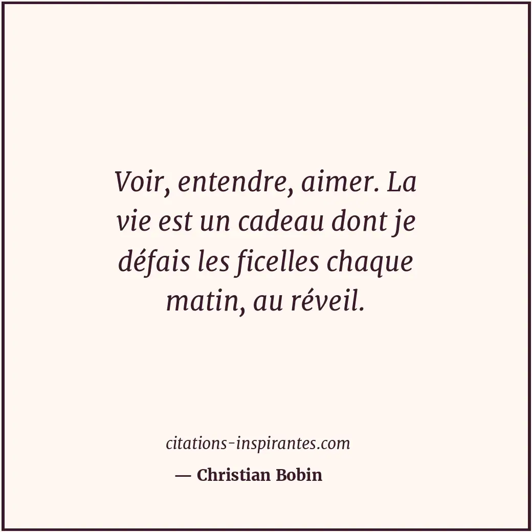 Voir, entendre, aimer. La vie est un cadeau dont je défais les ficelles chaque m... Citation de Christian Bobin